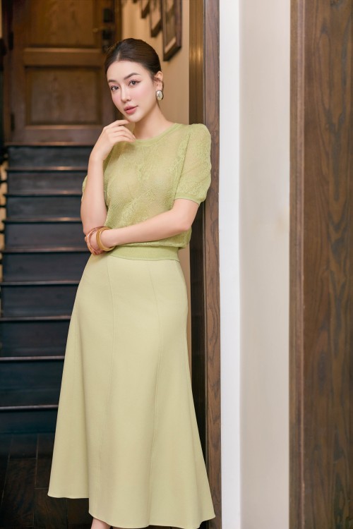 Sixdo Light Green Nuggets Woven Flared Skirt